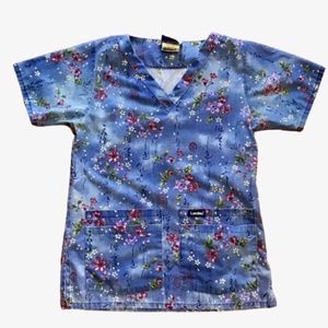 Blue Floral Multicolor Landau Scrub Top, Size XS